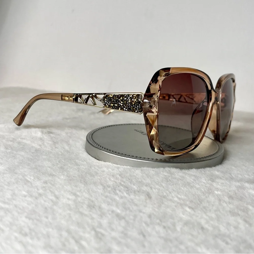 Brown & Gold Oversized Square Sunglasses Polarized Tinted w Crystal Frames Nwt